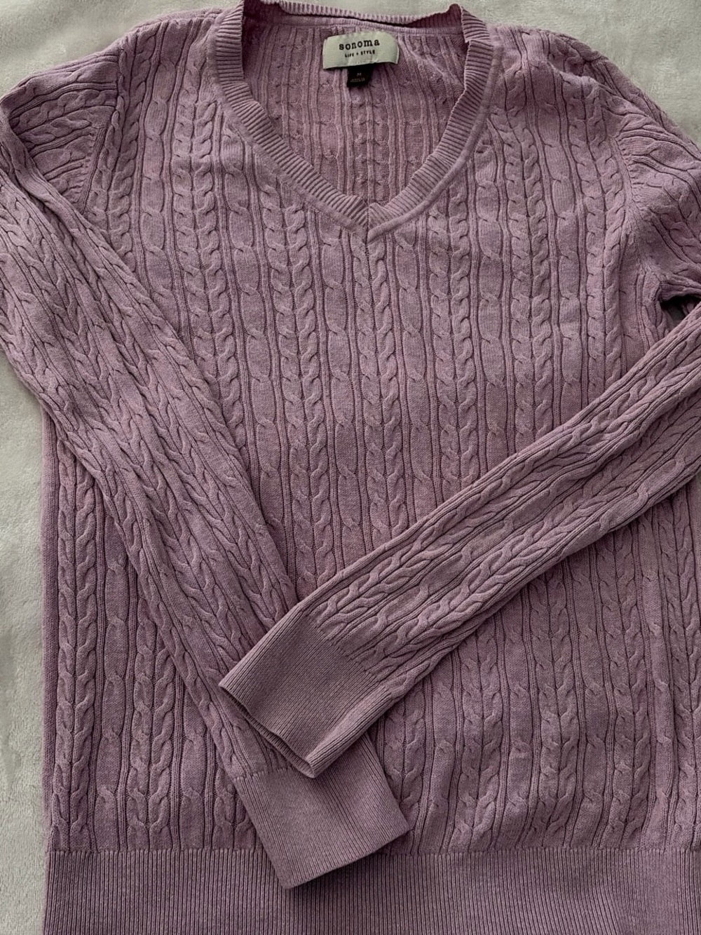 100% Cotton Sonoma Mauve Cable-Knit V-Neck Sweater for Women